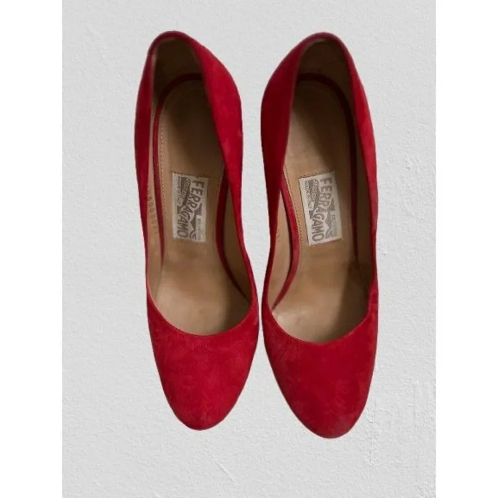 Salvatore Ferragamo Red Suede Bernie Espadrille Wedge Platform Pumps Size 8.5B